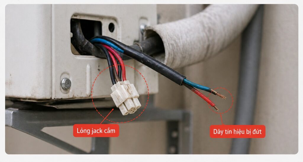 Dây điện tín hiệu kết nối giữa dàn nóng và dàn lạnh bị đứt hoặc lỏng